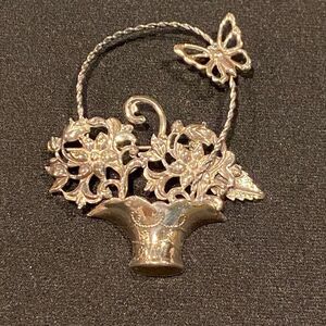 LANG Sterling Silver Big Flower Basket Brooch with Butterfly Signed
